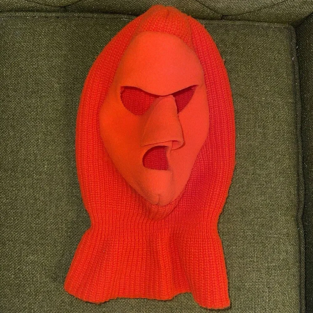 Vintage Blaze Orange Winter Ski Face Mask Hunting Beanie Hat Balaclava Knit